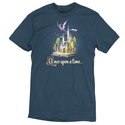 Premium Cotton T-shirt_TeeTurtle denim blue Once Upon a Time apparel featuring an open book with a castle and flying dragon emerging from it.