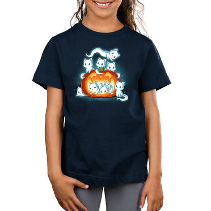 Premium Cotton T-shirt_TeeTurtle navy blue Pawssessed Pumpkin apparel featuring a giant jack-o'-lantern with nine ghost cats in various playful poses around it.