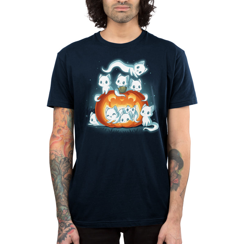 Premium Cotton T-shirt_TeeTurtle navy blue Pawssessed Pumpkin apparel featuring a giant jack-o'-lantern with nine ghost cats in various playful poses around it.