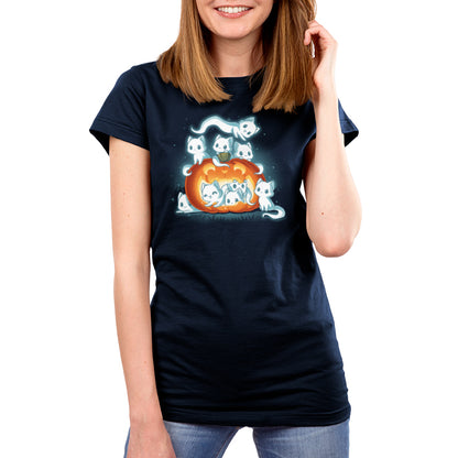 Premium Cotton T-shirt_TeeTurtle navy blue Pawssessed Pumpkin apparel featuring a giant jack-o'-lantern with nine ghost cats in various playful poses around it.