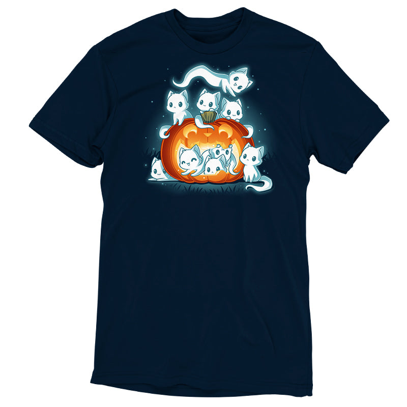 Premium Cotton T-shirt_TeeTurtle navy blue Pawssessed Pumpkin apparel featuring a giant jack-o'-lantern with nine ghost cats in various playful poses around it.