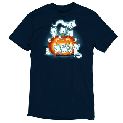 Premium Cotton T-shirt_TeeTurtle navy blue Pawssessed Pumpkin apparel featuring a giant jack-o'-lantern with nine ghost cats in various playful poses around it.