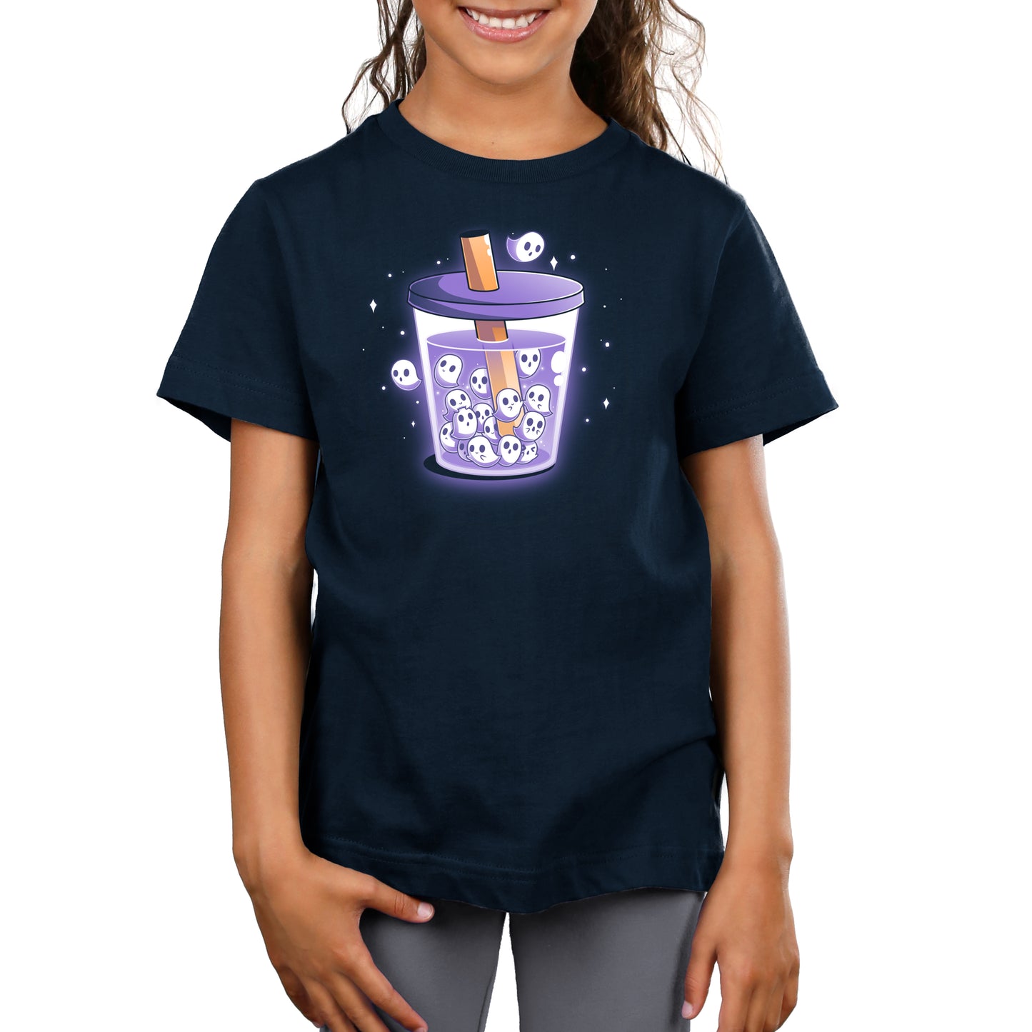 Premium Cotton T-shirt_TeeTurtle navy blue Poltergeist Pearls apparel featuring a cup of boba tea with ghosts instead of boba pearls.