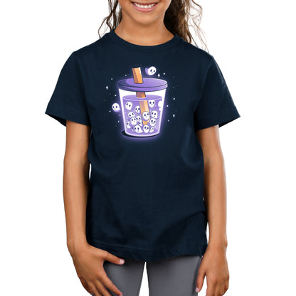 Premium Cotton T-shirt_TeeTurtle navy blue Poltergeist Pearls apparel featuring a cup of boba tea with ghosts instead of boba pearls.