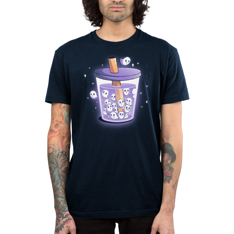 Premium Cotton T-shirt_TeeTurtle navy blue Poltergeist Pearls apparel featuring a cup of boba tea with ghosts instead of boba pearls.