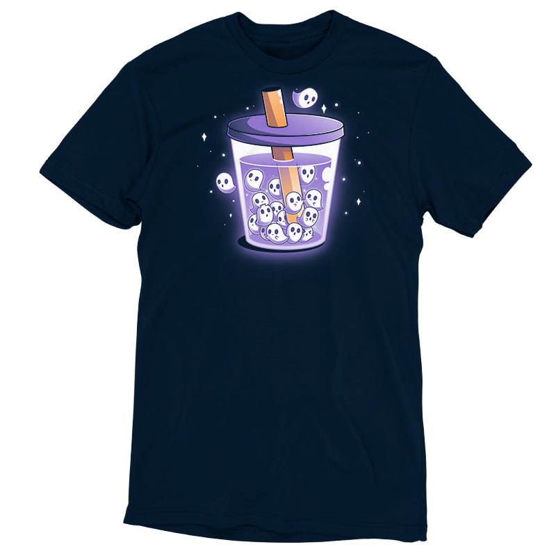 Premium Cotton T-shirt_TeeTurtle navy blue Poltergeist Pearls apparel featuring a cup of boba tea with ghosts instead of boba pearls.