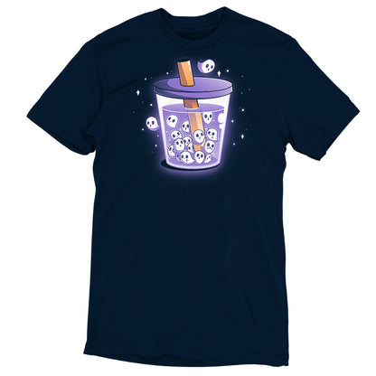 Premium Cotton T-shirt_TeeTurtle navy blue Poltergeist Pearls apparel featuring a cup of boba tea with ghosts instead of boba pearls.