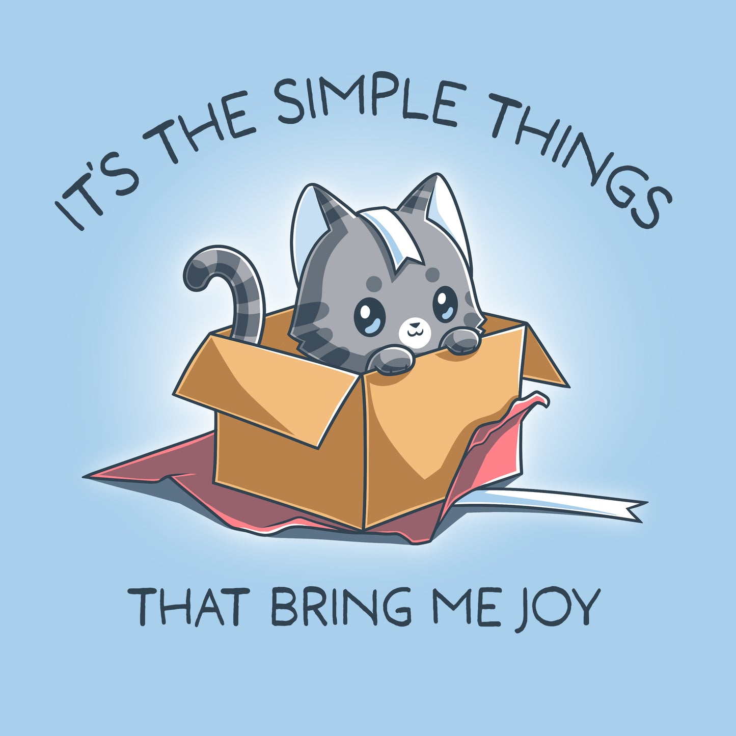 Premium Cotton T-shirt_TeeTurtle light blue Purr Box of Joy apparel featuring a gray cat in an unwrapped box with wrapping paper and ribbons, and the caption, “It’s the Simple Things That Bring Me Joy“.