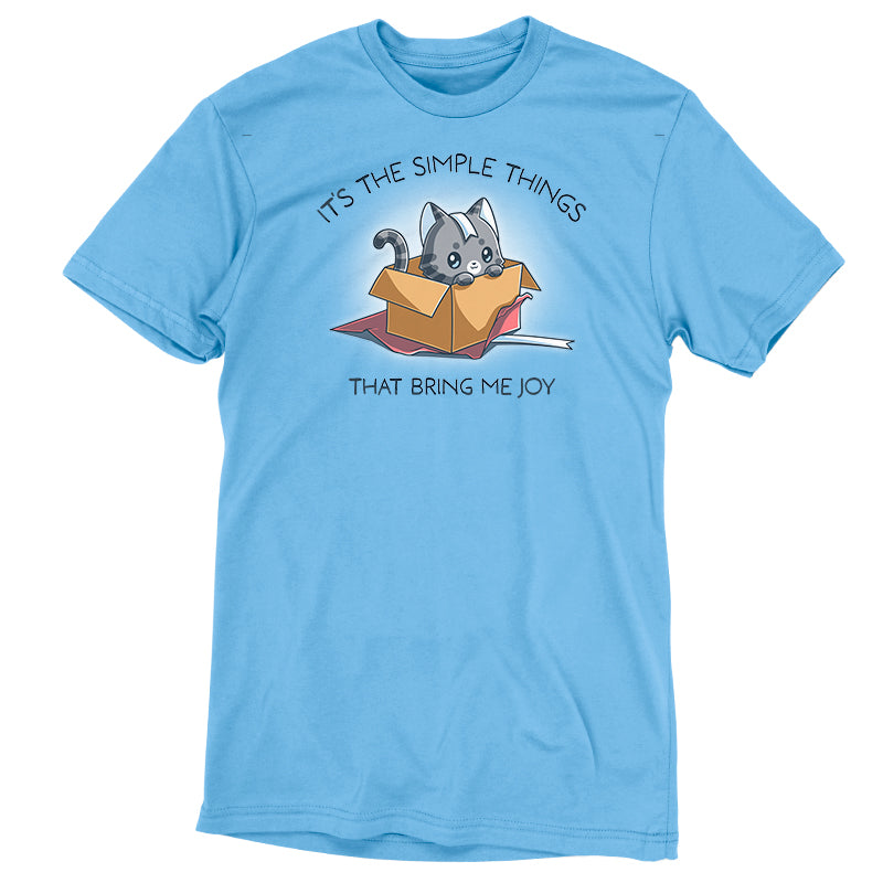 Premium Cotton T-shirt_TeeTurtle light blue Purr Box of Joy apparel featuring a gray cat in an unwrapped box with wrapping paper and ribbons, and the caption, “It’s the Simple Things That Bring Me Joy“.