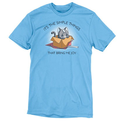 Premium Cotton T-shirt_TeeTurtle light blue Purr Box of Joy apparel featuring a gray cat in an unwrapped box with wrapping paper and ribbons, and the caption, “It’s the Simple Things That Bring Me Joy“.