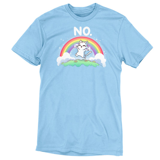 Premium Cotton T-shirt_TeeTurtle light blue Rainbow Cattitude apparel featuring a white cat skipping in a meadow with its paws pixelated to cover it giving the middle finger gesture with a rainbow in the background, and the caption, “NO.“ above.