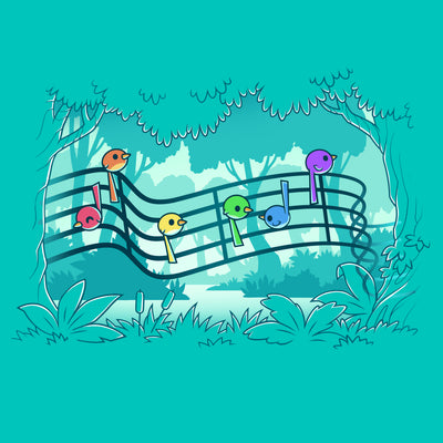 Premium Cotton T-shirt_TeeTurtle Caribbean blue Rainbow Song Birds apparel featuring song birds in various colors perched on a musical staff with a forest in the background.