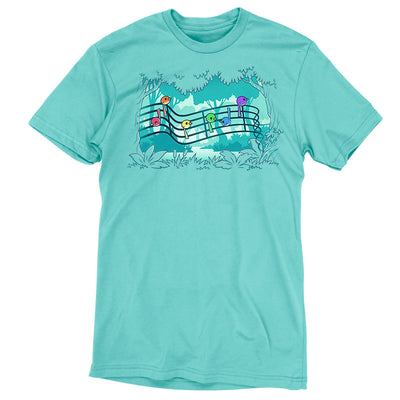 Premium Cotton T-shirt_TeeTurtle Caribbean blue Rainbow Song Birds apparel featuring song birds in various colors perched on a musical staff with a forest in the background.