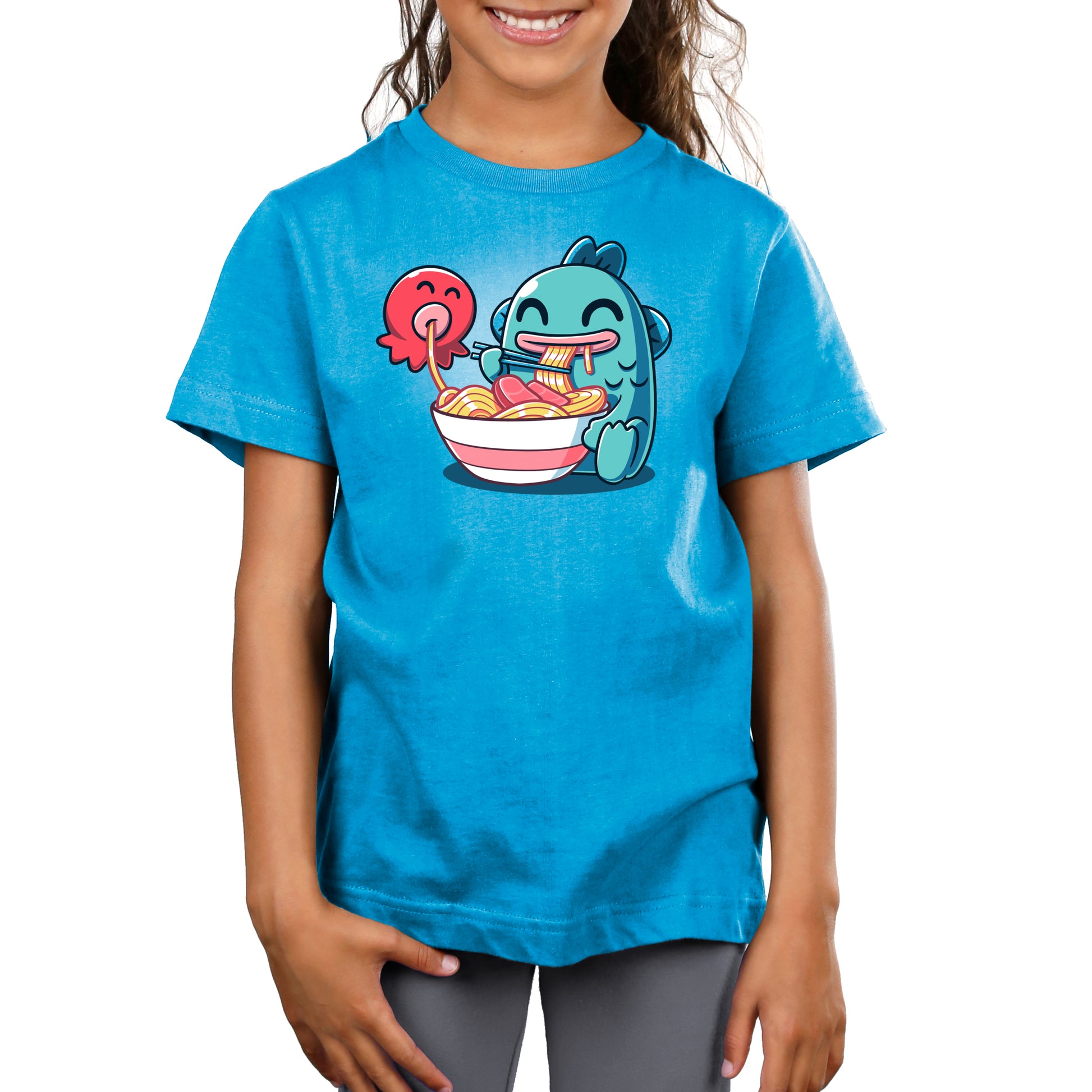 Premium Cotton T-shirt_TeeTurtle cobalt blue Ramen Hangyodon apparel featuring the Sanrio characters Hangyodon and Sayuri eating a large bowl of ramen.