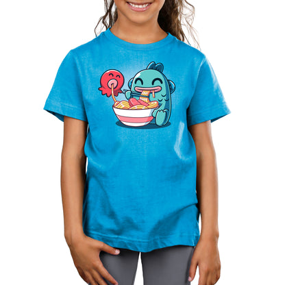 Premium Cotton T-shirt_TeeTurtle cobalt blue Ramen Hangyodon apparel featuring the Sanrio characters Hangyodon and Sayuri eating a large bowl of ramen.