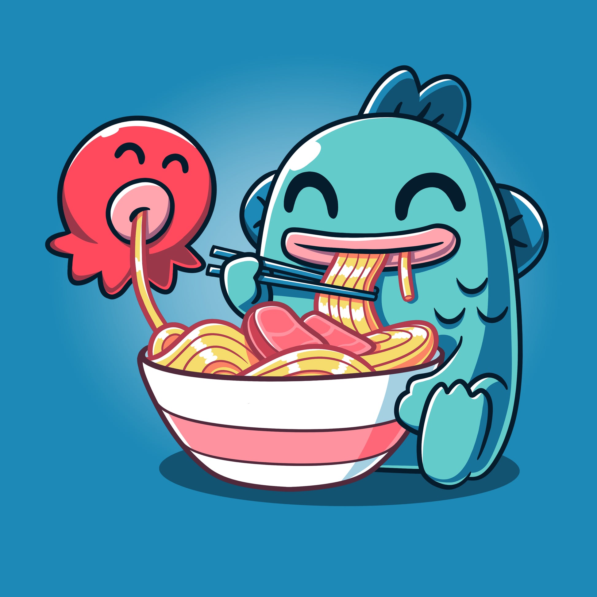 Premium Cotton T-shirt_TeeTurtle cobalt blue Ramen Hangyodon apparel featuring the Sanrio characters Hangyodon and Sayuri eating a large bowl of ramen.
