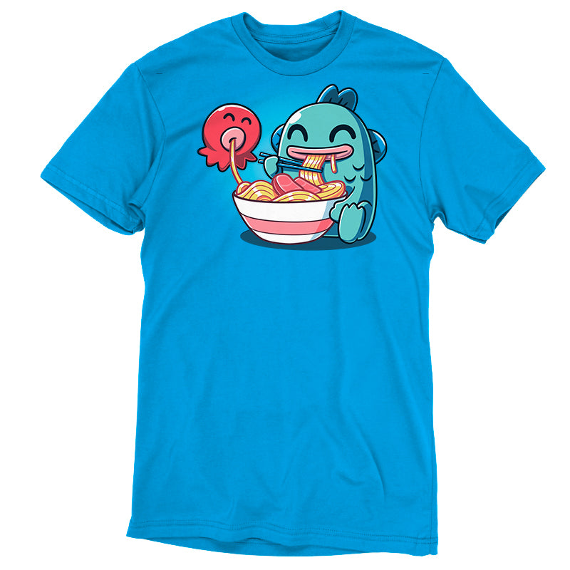 Premium Cotton T-shirt_TeeTurtle cobalt blue Ramen Hangyodon apparel featuring the Sanrio characters Hangyodon and Sayuri eating a large bowl of ramen.