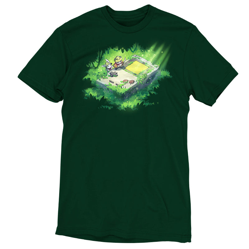 Premium Cotton T-shirt_TeeTurtle forest green Relics of the Past apparel featuring a panda and a bunny wearing explorer outfits climbing over a gigantic handheld video gaming device that’s overgrown with plants in a jungle.