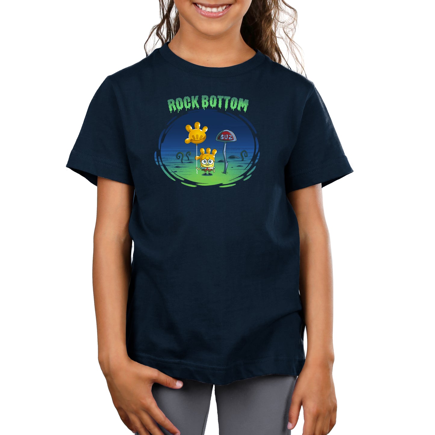 Premium Cotton T-shirt_TeeTurtle navy blue SpongeBob Rock Bottom apparel featuring SpongeBob Square Pants holding a yellow balloon that looks like a four fingered hand while wearing a second simliar balooon on his head as a hat. He looks sad and he's next to a "Buz" sign.The words "Rock Bottom" are on top in green and they look like they are melting or dripping. 