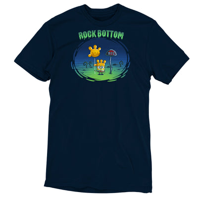 Premium Cotton T-shirt_TeeTurtle navy blue SpongeBob Rock Bottom apparel featuring SpongeBob Square Pants holding a yellow balloon that looks like a four fingered hand while wearing a second simliar balooon on his head as a hat. He looks sad and he's next to a "Buz" sign.The words "Rock Bottom" are on top in green and they look like they are melting or dripping. 