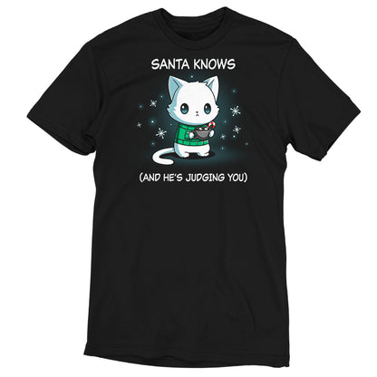 Premium Cotton T-shirt_TeeTurtle black Santa Knows apparel featuring a cat with a deadpan expression holding mug with hot chocolate, marshmallows, and a candy cane surrounded by snowflakes, with the caption, “Santa Knows (And He’s Judging You)“.