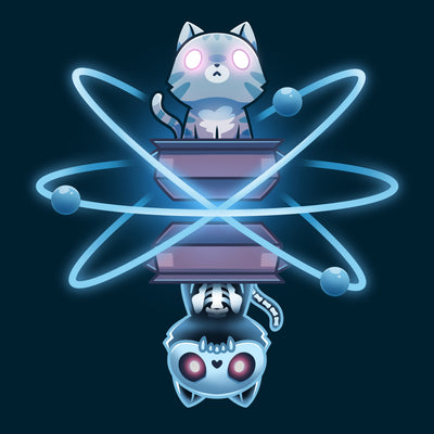Premium Cotton T-shirt_TeeTurtle navy blue Schrödinger’s Cat apparel featuring a cat with glowing eyes emerging from a box, and a skeleton cat as its mirror image emerging from another box, with both cats surrounded by atoms.