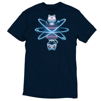 Premium Cotton T-shirt_TeeTurtle navy blue Schrödinger’s Cat apparel featuring a cat with glowing eyes emerging from a box, and a skeleton cat as its mirror image emerging from another box, with both cats surrounded by atoms.