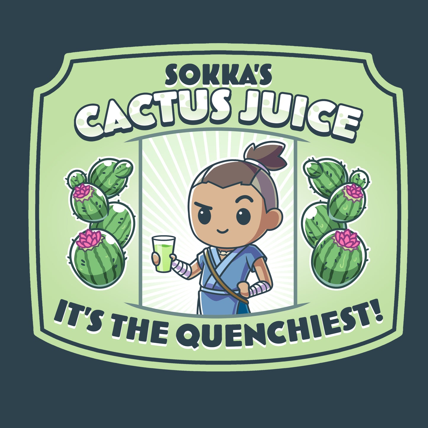 Premium Cotton T-shirt_TeeTurtle denim blue Sokka's Cactus Juice featuring a label with a drawing of two cactuses, Sokka from Avatar: The Last Airbender holding a glass full of green liquid, and text that says "Sokka's Cactus Juice" at the top and "It's the quenchiest!" at the bottom. 