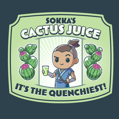 Premium Cotton T-shirt_TeeTurtle denim blue Sokka's Cactus Juice featuring a label with a drawing of two cactuses, Sokka from Avatar: The Last Airbender holding a glass full of green liquid, and text that says "Sokka's Cactus Juice" at the top and "It's the quenchiest!" at the bottom. 