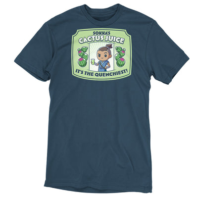 Premium Cotton T-shirt_TeeTurtle denim blue Sokka's Cactus Juice featuring a label with a drawing of two cactuses, Sokka from Avatar: The Last Airbender holding a glass full of green liquid, and text that says "Sokka's Cactus Juice" at the top and "It's the quenchiest!" at the bottom. 