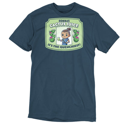 Premium Cotton T-shirt_TeeTurtle denim blue Sokka's Cactus Juice featuring a label with a drawing of two cactuses, Sokka from Avatar: The Last Airbender holding a glass full of green liquid, and text that says "Sokka's Cactus Juice" at the top and "It's the quenchiest!" at the bottom. 