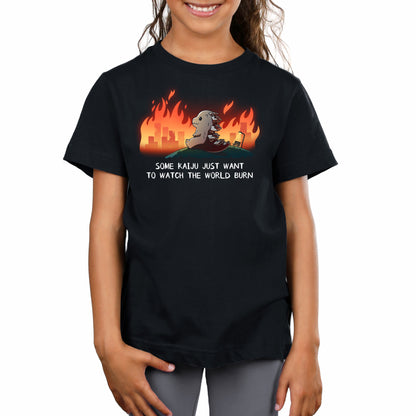 Premium Cotton T-shirt_TeeTurtle black Some Kaiju Just Want to Watch the World Burn apparel featuring a happy Godzilla sitting on a hill watching a burning city in the distance, and the caption, “Some Kaiju Just Want to Watch the World Burn“.