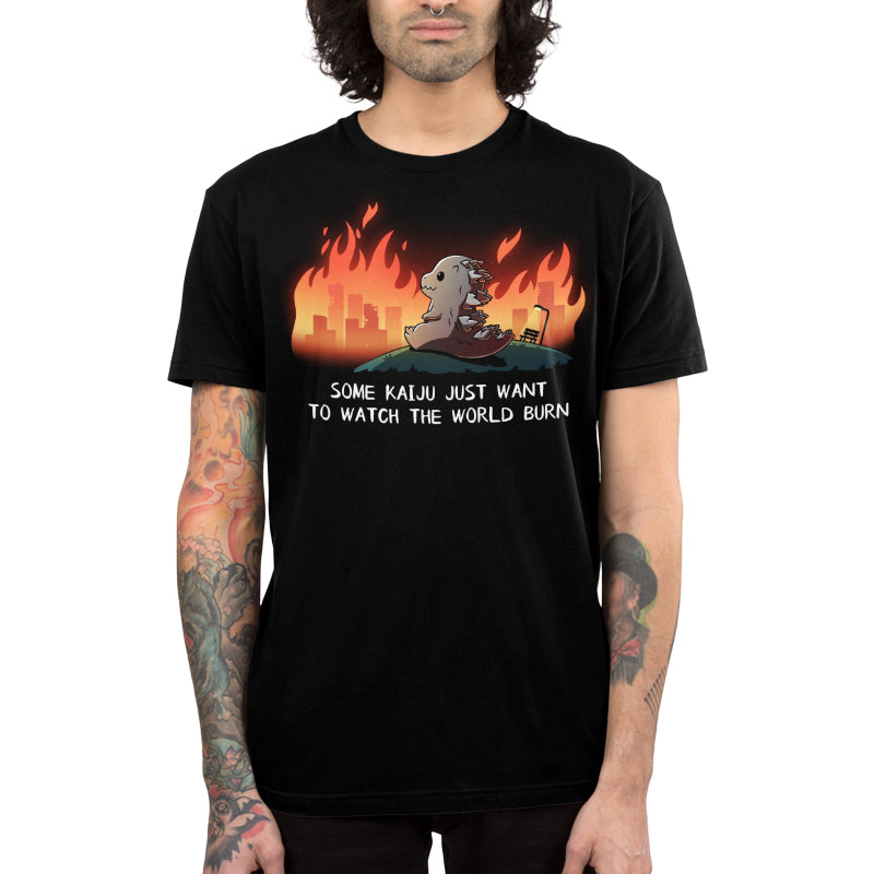 Premium Cotton T-shirt_TeeTurtle black Some Kaiju Just Want to Watch the World Burn apparel featuring a happy Godzilla sitting on a hill watching a burning city in the distance, and the caption, “Some Kaiju Just Want to Watch the World Burn“.