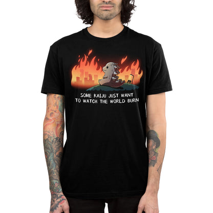 Premium Cotton T-shirt_TeeTurtle black Some Kaiju Just Want to Watch the World Burn apparel featuring a happy Godzilla sitting on a hill watching a burning city in the distance, and the caption, “Some Kaiju Just Want to Watch the World Burn“.