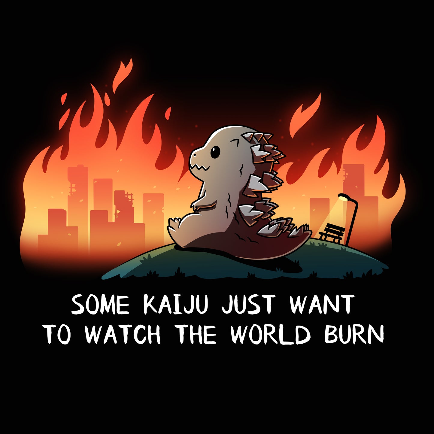 Premium Cotton T-shirt_TeeTurtle black Some Kaiju Just Want to Watch the World Burn apparel featuring a happy Godzilla sitting on a hill watching a burning city in the distance, and the caption, “Some Kaiju Just Want to Watch the World Burn“.
