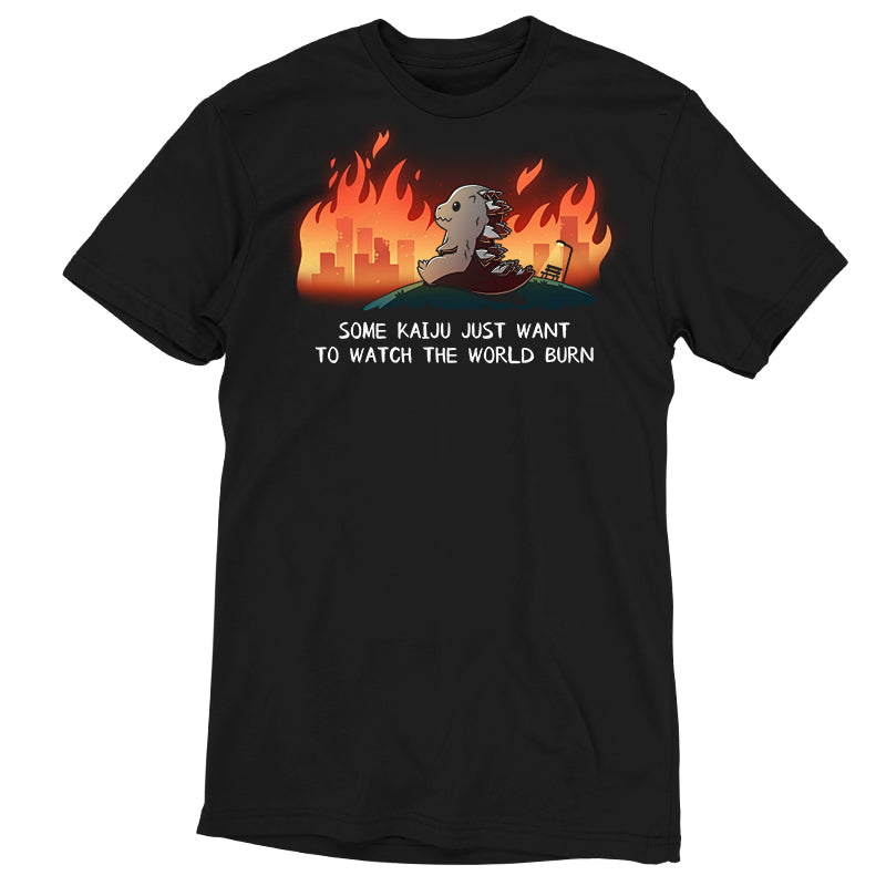 Premium Cotton T-shirt_TeeTurtle black Some Kaiju Just Want to Watch the World Burn apparel featuring a happy Godzilla sitting on a hill watching a burning city in the distance, and the caption, “Some Kaiju Just Want to Watch the World Burn“.