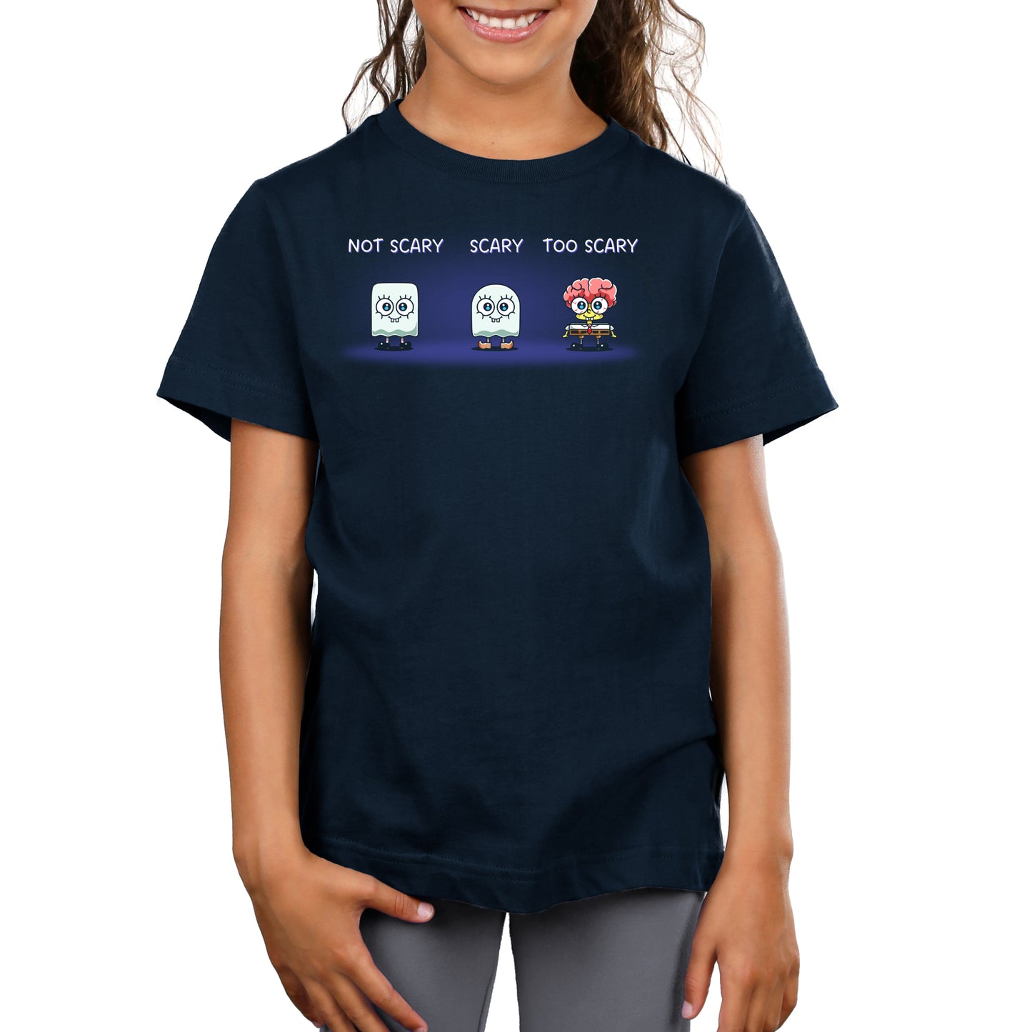 Premium Cotton T-shirt_TeeTurtle navy blue SpongeBob Scariness Range apparel featuring SpongeBob SquarePants in the Halloween costumes of: a sheet ghost with a square outline with the caption, “Not Scary“, a sheet ghost with a rounded outline with the caption, “Scary“, and missing some parts of his head so that his brain is exposed with the caption, “Too Scary“.
