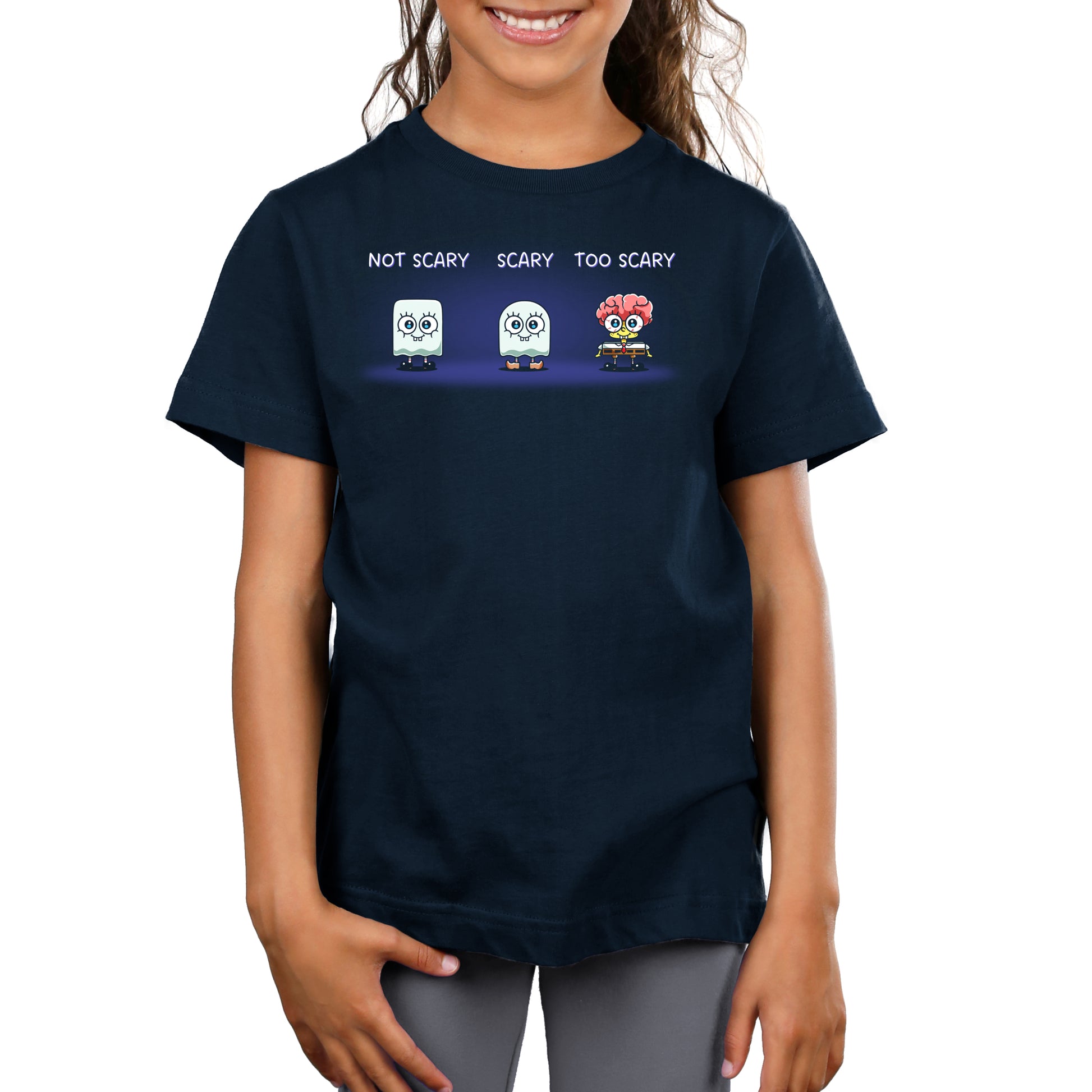 Premium Cotton T-shirt_TeeTurtle navy blue SpongeBob Scariness Range apparel featuring SpongeBob SquarePants in the Halloween costumes of: a sheet ghost with a square outline with the caption, “Not Scary“, a sheet ghost with a rounded outline with the caption, “Scary“, and missing some parts of his head so that his brain is exposed with the caption, “Too Scary“.