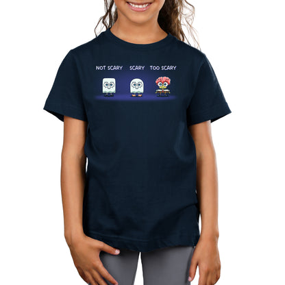 Premium Cotton T-shirt_TeeTurtle navy blue SpongeBob Scariness Range apparel featuring SpongeBob SquarePants in the Halloween costumes of: a sheet ghost with a square outline with the caption, “Not Scary“, a sheet ghost with a rounded outline with the caption, “Scary“, and missing some parts of his head so that his brain is exposed with the caption, “Too Scary“.