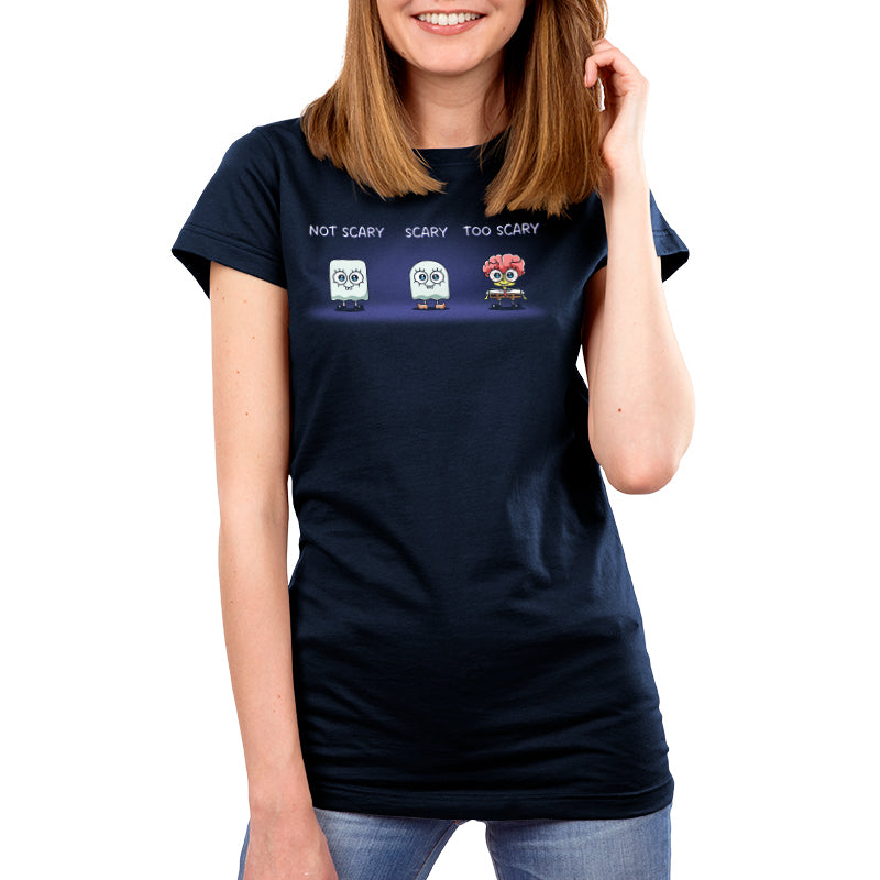 Premium Cotton T-shirt_TeeTurtle navy blue SpongeBob Scariness Range apparel featuring SpongeBob SquarePants in the Halloween costumes of: a sheet ghost with a square outline with the caption, “Not Scary“, a sheet ghost with a rounded outline with the caption, “Scary“, and missing some parts of his head so that his brain is exposed with the caption, “Too Scary“.