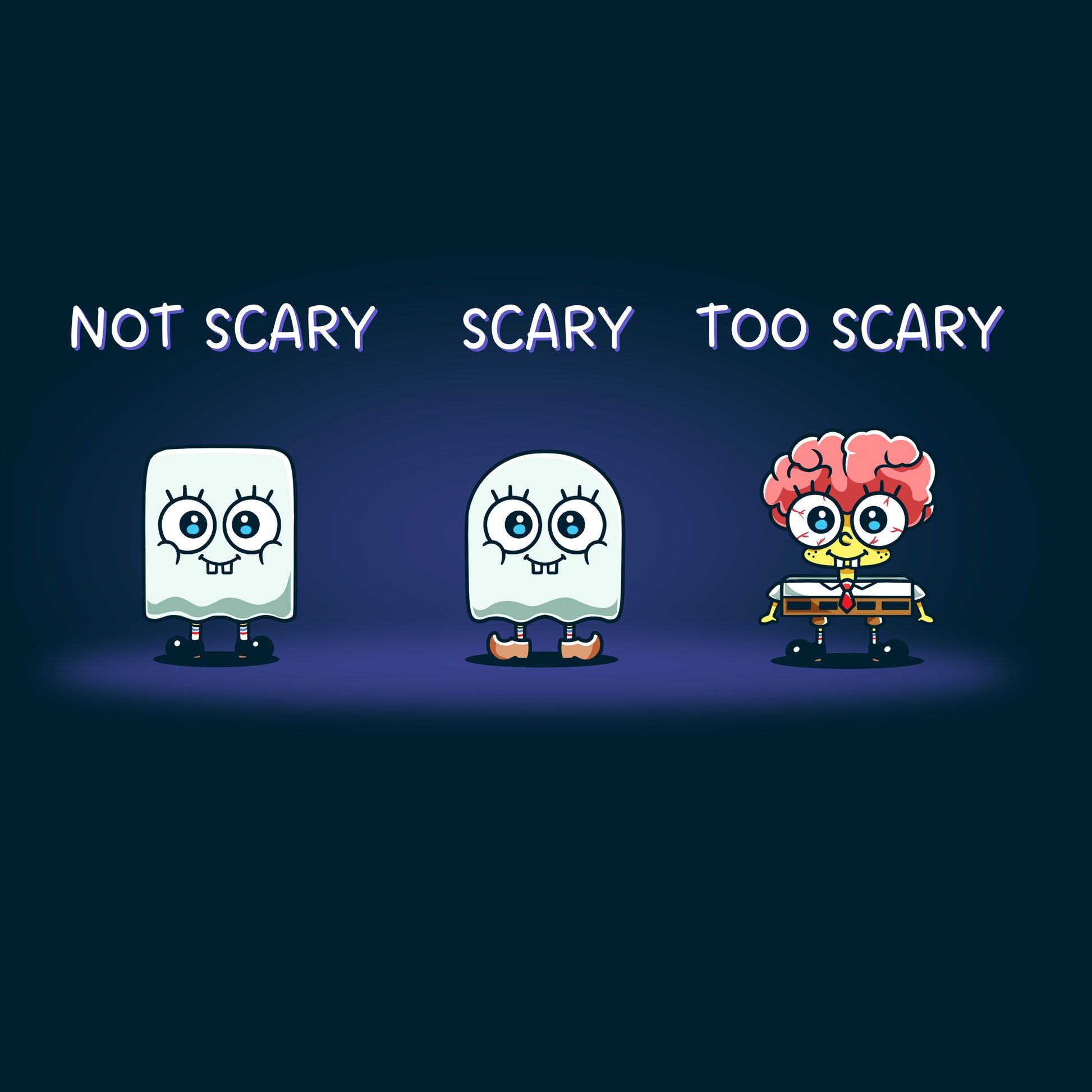 Premium Cotton T-shirt_TeeTurtle navy blue SpongeBob Scariness Range apparel featuring SpongeBob SquarePants in the Halloween costumes of: a sheet ghost with a square outline with the caption, “Not Scary“, a sheet ghost with a rounded outline with the caption, “Scary“, and missing some parts of his head so that his brain is exposed with the caption, “Too Scary“.