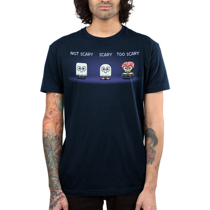 Premium Cotton T-shirt_TeeTurtle navy blue SpongeBob Scariness Range apparel featuring SpongeBob SquarePants in the Halloween costumes of: a sheet ghost with a square outline with the caption, “Not Scary“, a sheet ghost with a rounded outline with the caption, “Scary“, and missing some parts of his head so that his brain is exposed with the caption, “Too Scary“.