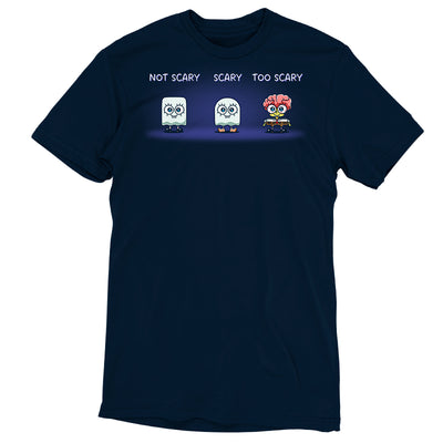Premium Cotton T-shirt_TeeTurtle navy blue SpongeBob Scariness Range apparel featuring SpongeBob SquarePants in the Halloween costumes of: a sheet ghost with a square outline with the caption, “Not Scary“, a sheet ghost with a rounded outline with the caption, “Scary“, and missing some parts of his head so that his brain is exposed with the caption, “Too Scary“.