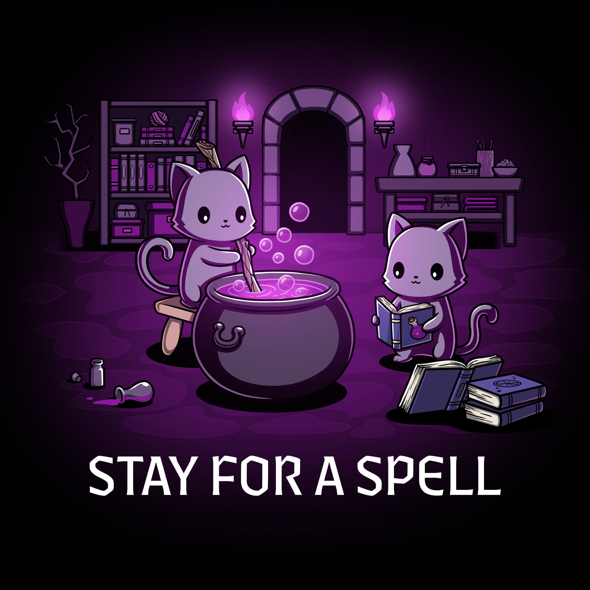 Premium Cotton T-shirt_TeeTurtle black Stay For A Spell apparel featuring two black cats in a spooky dungeon with one cat on a stool stirring a large cauldron, and the other cat reading from a pile of spellbooks with books, witchcraft accessories, and potion-making equipment in the background.