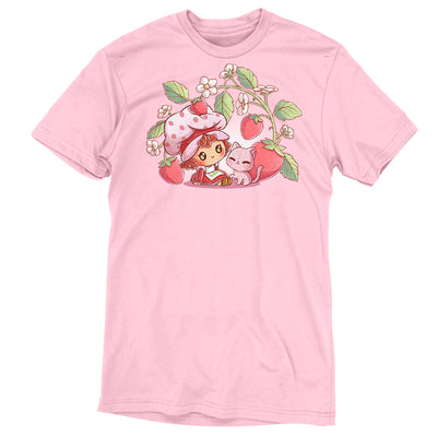 Premium Cotton T-shirt_TeeTurtle pink Strawberry and Custard Premium Cotton T-shirt featuring Strawberry Shortcake and Custard sitting in front of a strawberry plant