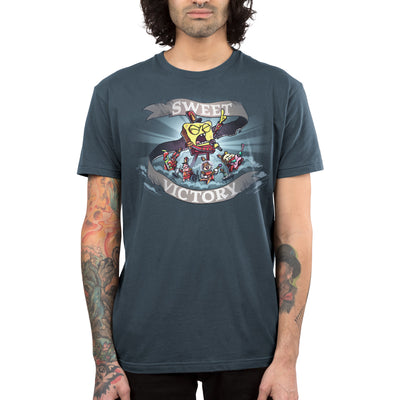 Premium Cotton T-shirt_TeeTurtle denim blue Sweet Victory apparel featuring SpongeBob SquarePants, Mr. Krabs, Patrick Star, Sandy Cheeks, and Mrs. Puff playing an epic song in marching band uniforms.