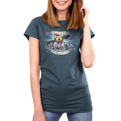 Premium Cotton T-shirt_TeeTurtle denim blue Sweet Victory apparel featuring SpongeBob SquarePants, Mr. Krabs, Patrick Star, Sandy Cheeks, and Mrs. Puff playing an epic song in marching band uniforms.
