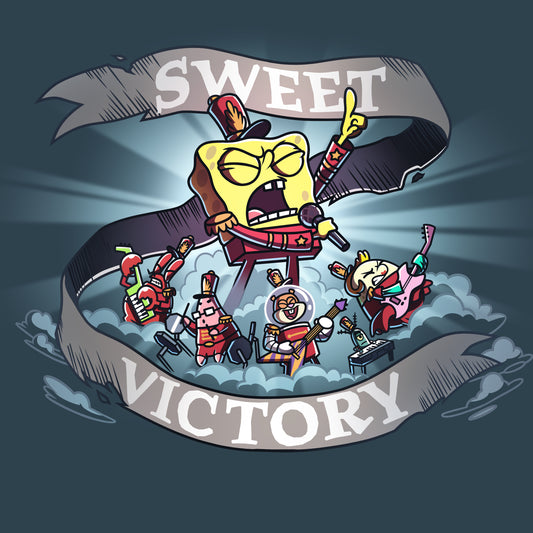 Premium Cotton T-shirt_TeeTurtle denim blue Sweet Victory apparel featuring SpongeBob SquarePants, Mr. Krabs, Patrick Star, Sandy Cheeks, and Mrs. Puff playing an epic song in marching band uniforms.