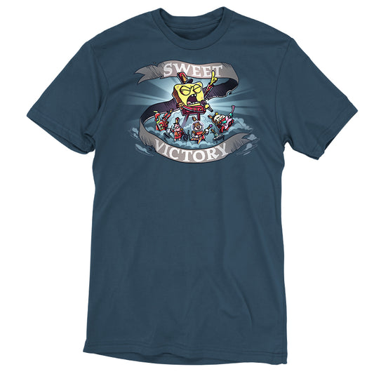 Premium Cotton T-shirt_TeeTurtle denim blue Sweet Victory apparel featuring SpongeBob SquarePants, Mr. Krabs, Patrick Star, Sandy Cheeks, and Mrs. Puff playing an epic song in marching band uniforms.