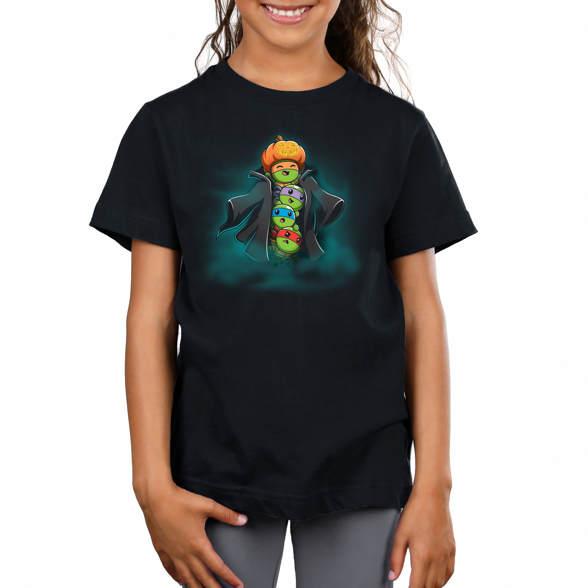 Premium Cotton T-shirt_TeeTurtle black TMNT Stack-o'-Lantern apparel featuring Michelangelo, Donatello, Leonardo, and Raphael in a stack wearing a trench coat with Michelangelo holding a pumpkin as their costume’s head, and with a spooky foggy background.